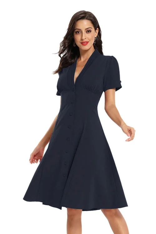 A-Line V-Neck Navy Blue Short Party Dress empire Waist empire