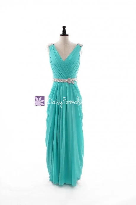 Aqua Chiffon Dress Tiffany Blue Long Porm Dress Long Tiffany Bridal Party Dress (BM876L) Tunics Travel practical