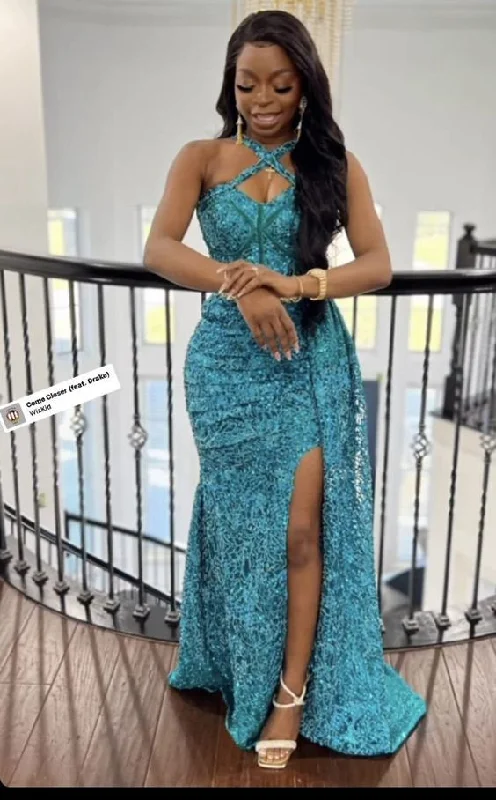 Aso Ebi Dresses,Wedding Guest, Lace style,Owanbe ,Aso ebi dress, Women Dress, African Lace Gown, Dress for Women, Evening Dress, Nigerian Trendy gown,DS4708 Satin Halter Glamorous