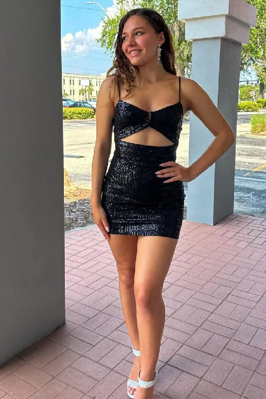 Black Sequin Spaghetti Strap Cutout Mini Party Dress Turtleneck Warm Winter