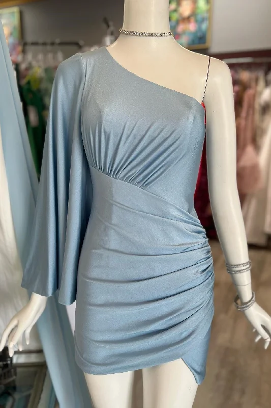 Dusky Blue One-Sleeve Tulip Short Party Dress Tunics Hiking breathable