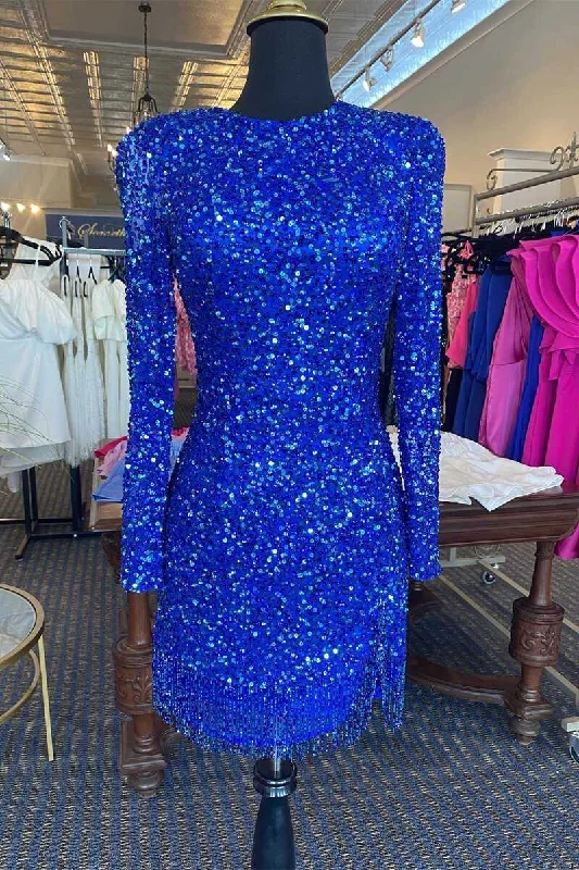 Blue Sequin Long Sleeve Tassel Short Party Dress Tunics Plaid country