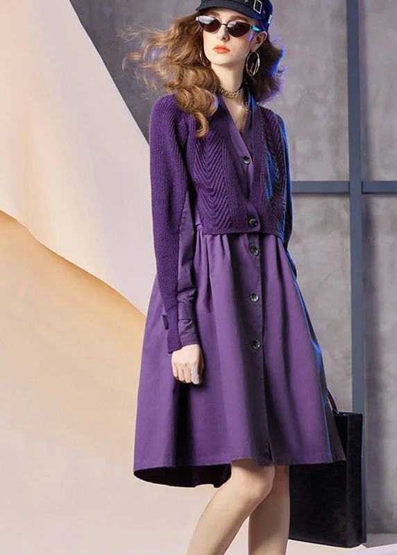 Boho Purple V Neck Patchwork Knit Fake Two Piece Party Dress Spring Tunics New arrival