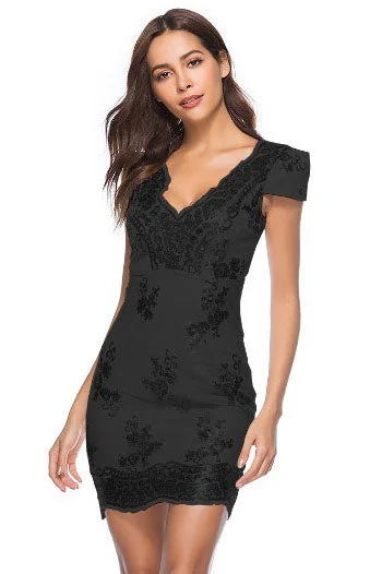 Cap Sleeves Hollow Out Sheath Black Party Dress Tunics Canvas sturdy
