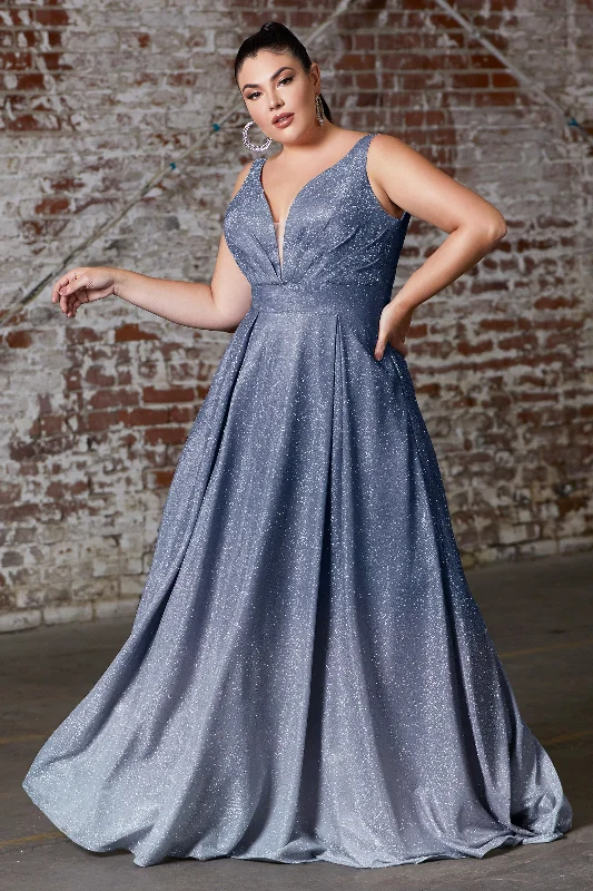 CINDERELLA DIVINE 9174C Plus Size Metallic Ombre Deep V-Neckline A-Line Evening Dress Off-the-shoulder Bohemian Festive