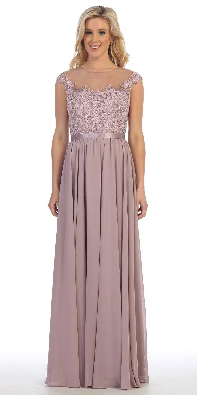CLEARANCE - Floor Length A Line Mocha Evening Dress Cap Sleeve Chiffon (Size Large) Off-the-shoulder Chic Trendy