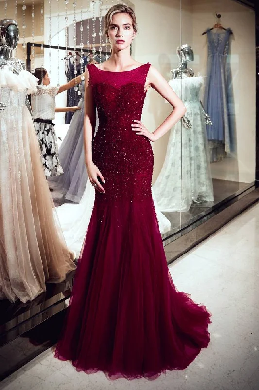 Mermaid Bateau Sequined Long Burgundy Prom Evening Dress Tunics stripes playful