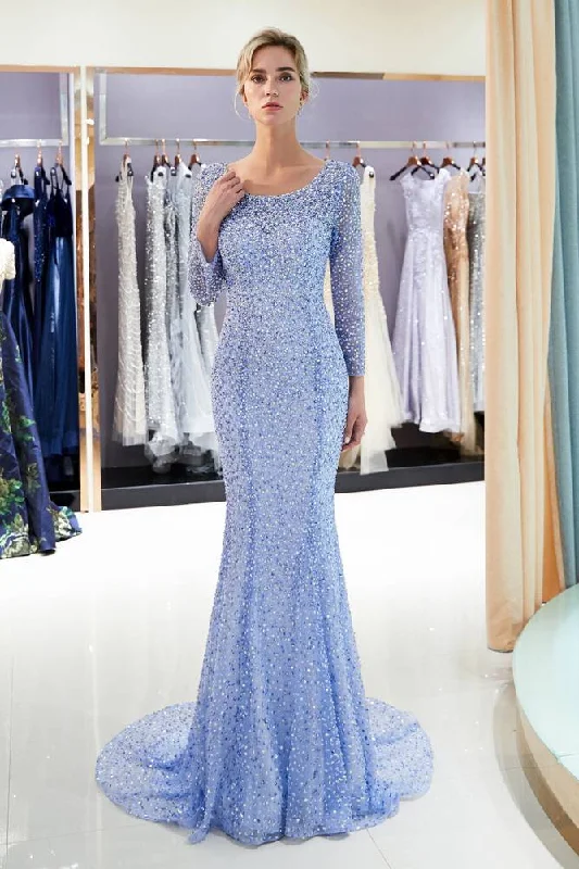 Long Sleeves Sequined Open Back Mermaid Periwinkle Blue Evening Dress Tunics Floral girly