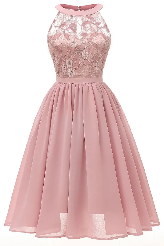 Crew Neck Lace Pink Short Party Dress Crew Neckline Casual