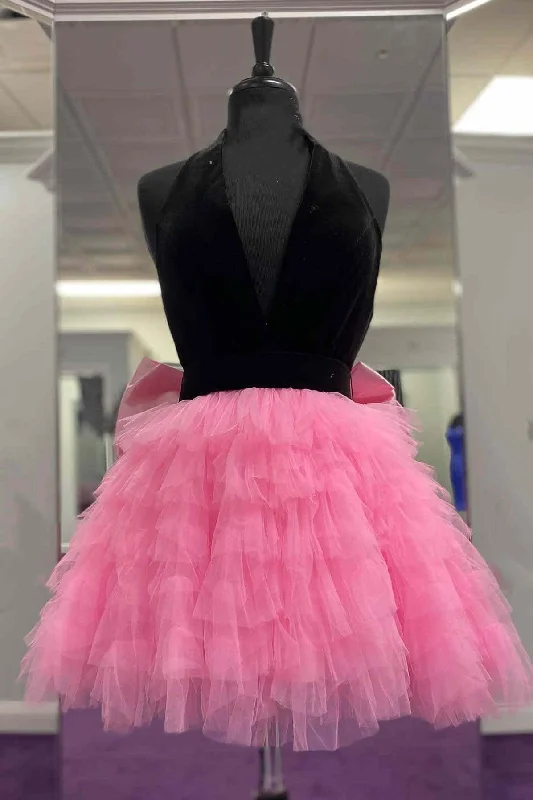 Cute Black and Pink Halter Ruffle Short Party Dress Peplum Ruffle Cocktail
