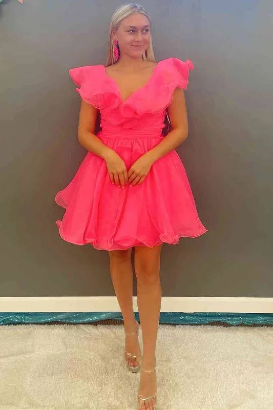 Cute Hot Pink Ruffled Tulle Short Party Dress Tunics Party sparkling