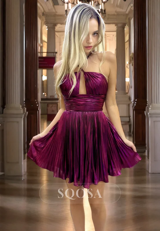 A-Line Cross-Neck Pleated Ballgown Homecoming Dress Sleeveless Satin Party Dress Tunics Short Trendy