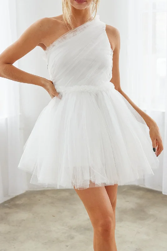 A Line One Shoulder Tulle Short Homecoming Party Dress QH2358 Tunics Top Casual