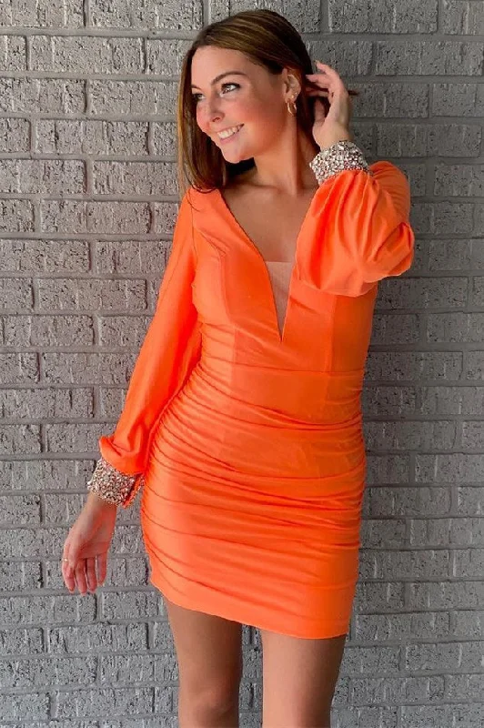 Elegant Long Sleeves Orange Short Party Dress Tunics Cozy comfortable