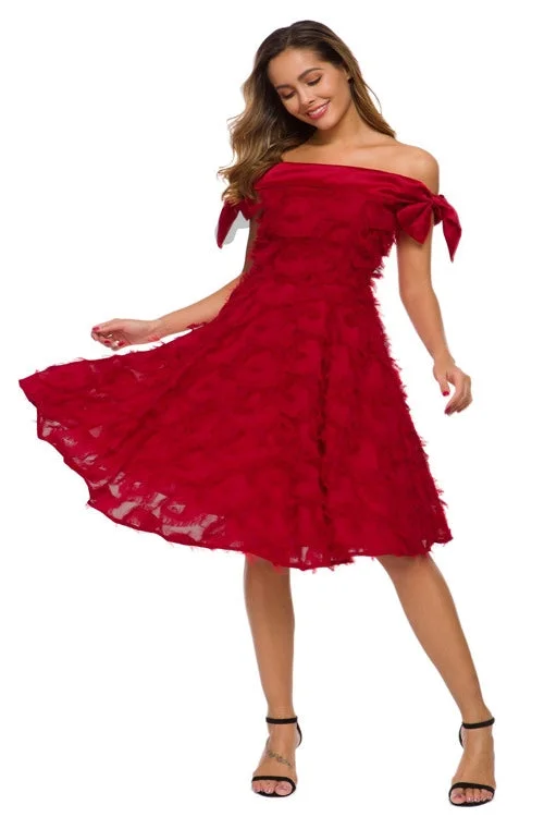 Elegant Off the Shoulder Red Short Party Dress with Tassel Off-the-shoulder Bohemian Festive