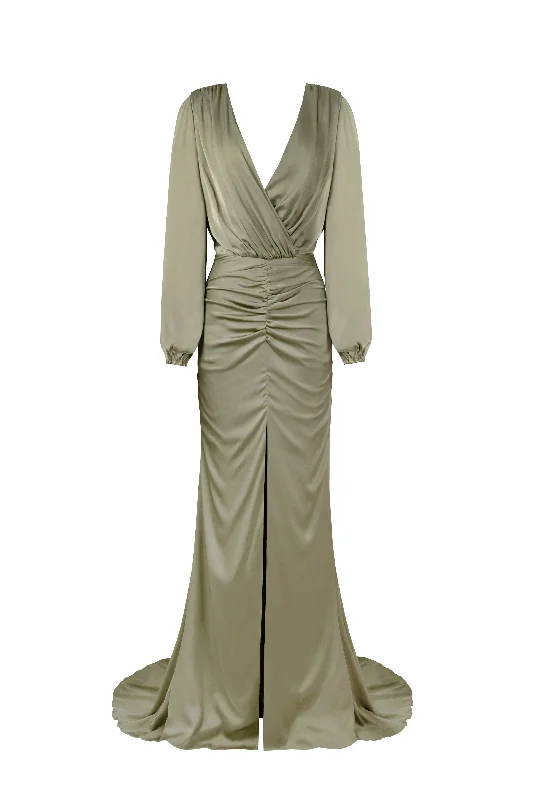 Fancy olive silk maxi evening dress Tunics Seasonal trendy