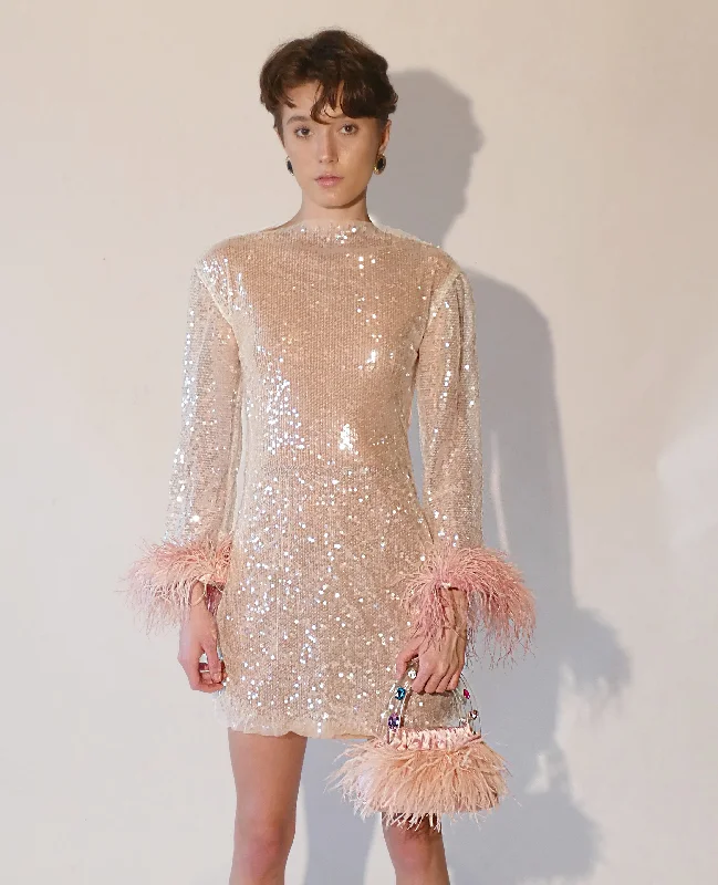 HANDMADE sequins feather trim long sleeve party dress Tunics Cozy comfortable