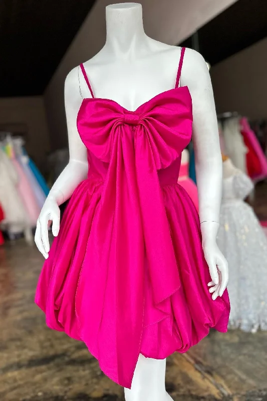 Fuchsia Spaghetti Strap Bow-Front A-Line Short Party Dress A-Line Day Work