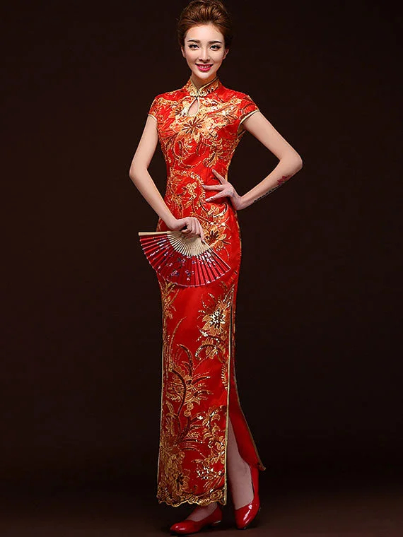 Full-Length Sequins Floral Cheongsam  Qipao Evening Dress Tunics Business professional