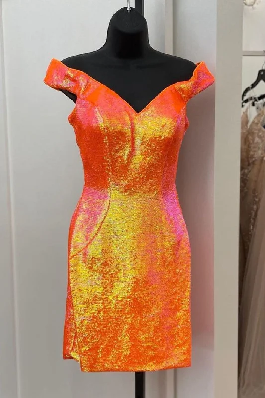 Glitter Off the Shoulder Orange Sequins Mini Party Dress Tunics Lace romantic