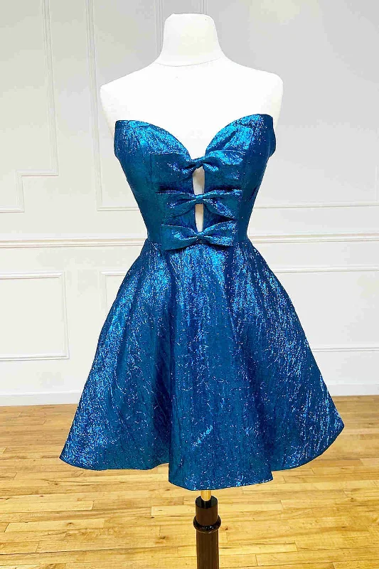 Glitter Strapless Peacock Short Party Dress with Bow High-Low Hemline Casual
