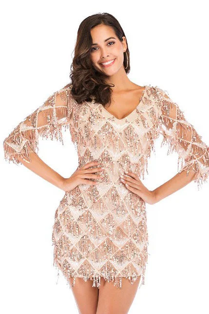 Half Sleeves Short Gold Party Dress with Tassel / Sequins Tunics Leisure comfortable