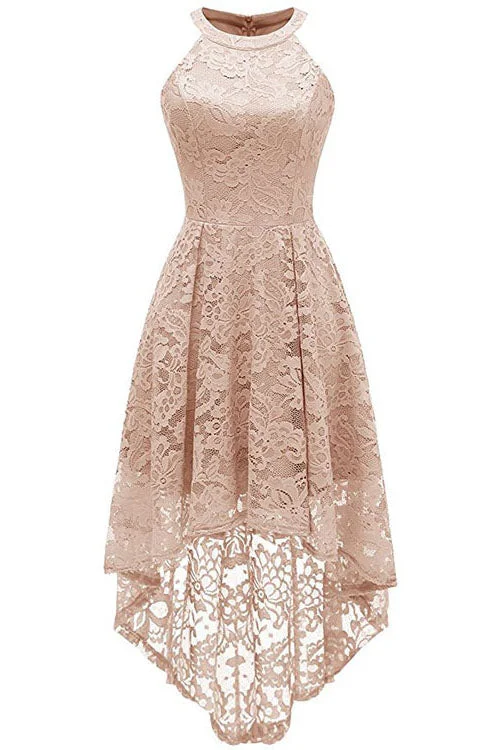Halter Hi-Low Lace Beige Party Dress Sequined Elegant Party
