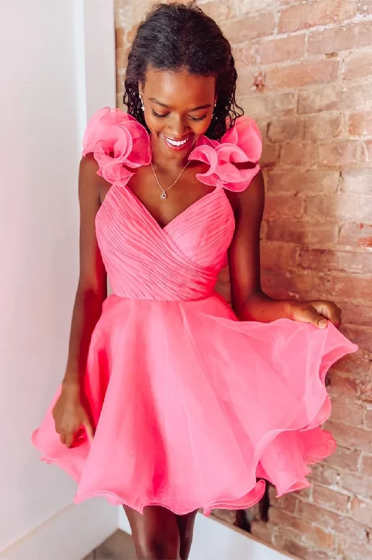 Hot Pink Organza Surplice-Neck Short Party Dress with Ruffles Crew Neckline Sporty