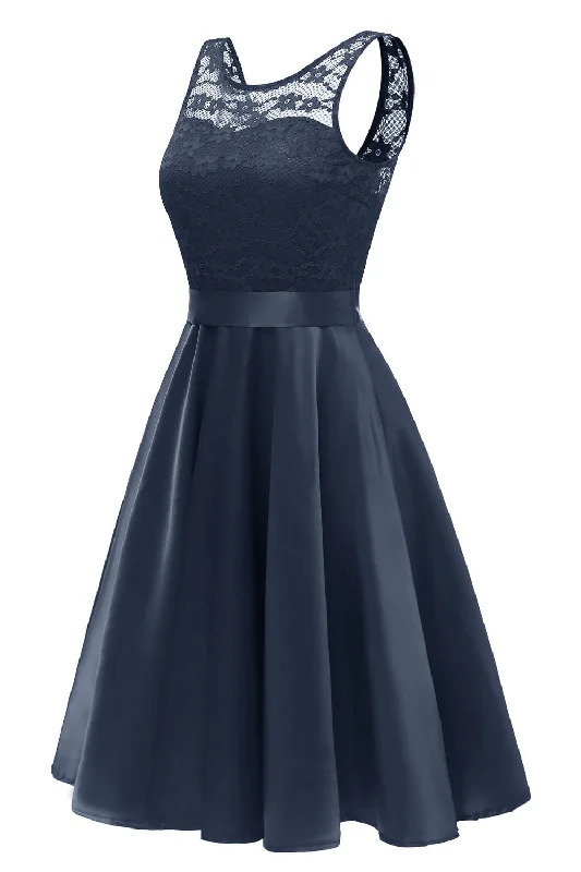 Illusion Neck Dark Navy Short Party Dress with Ribbon Tunics Custom made