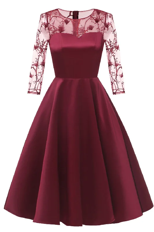 Illusion Sleeves Burgundy Satin Party Dress with Lace Tunics Fashionable trendy