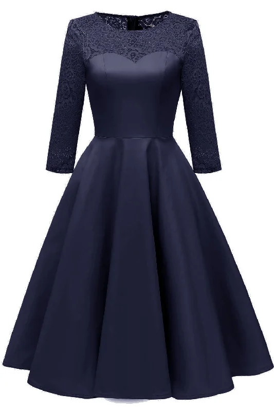 Jewel Neck Long Sleeves Dark Navy Party Dress with Lace Tunics Chic fashionable