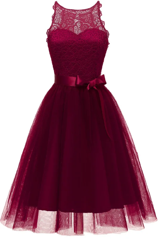Jewel Neck Tiered Burgundy Short Party Dress with Ribbon Tunics Versatile stylish