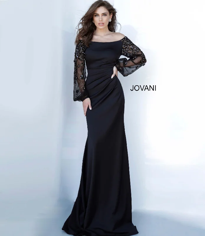 Jovani 1156 off the shoulder long sleeve evening dress black sheer sleeves Tunics Summer linen