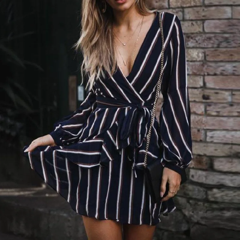 KANCOOLD Dress Women's Fashion Lantern Sleeve Casual Striped V-Neck Dress Casual Ruffle Mini Party Dress women 2018AUG9 Tunics Gym athletic