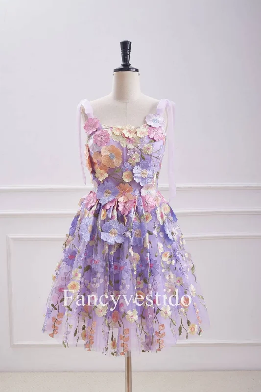 Lavender Floral Lace Up 3D Flowers Back Zip Party Dress Mermaid Tail Wedding