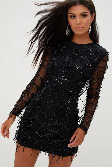 Long Sleeves Sequins Black Short Party Dress Tunics Silk luxurious