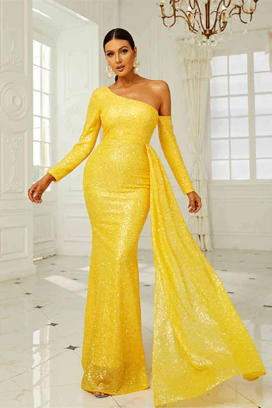 Long Sleeves Yellow Sequins One Shoulder Long Evening Dress Tunics New arrival