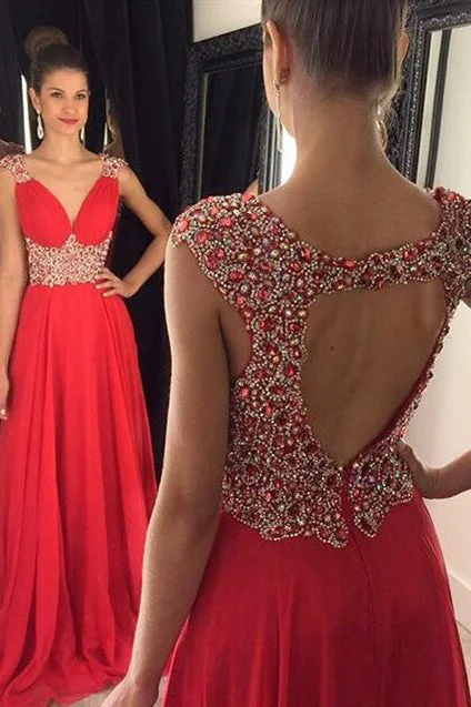 Luxurious Beads V-Neck Red Long Formal Evening Dress Tunics Evening elegant