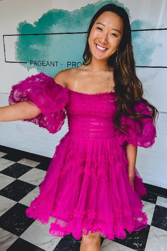 Magenta Strapless Ruffles A-Line Short Party Dress with Puff Sleeves Pleated Skirt Elegant