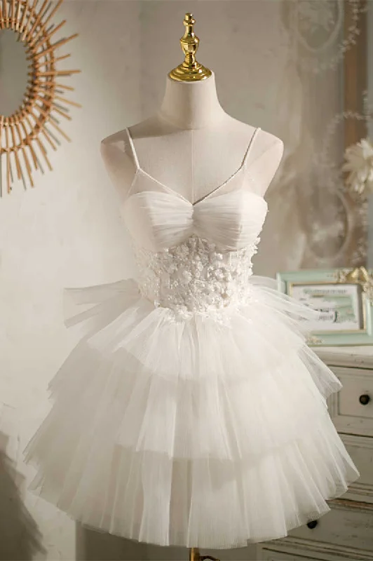 Multi-Tiered White V-Neck Short Party Dress sweetheart Neckline Romantic