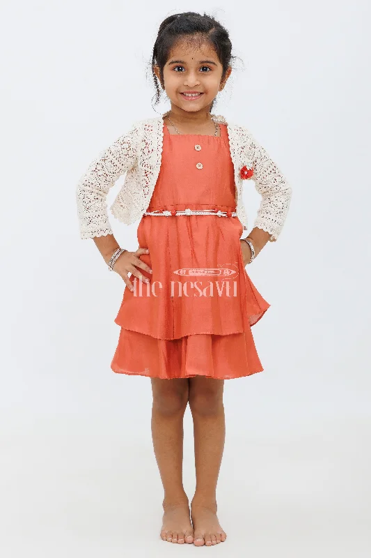 Girls Orange Double-Tiered Party Dress with Crochet Bolero and Floral Belt Tunics Recommended stylist