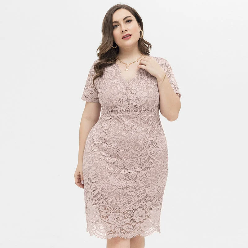 NiDELL Amazon Fat Sister Sexy V-neck Lace Dress Large Size Women's Cross-Border European and American Women's Clothing Banquet Evening Dress Tunics Sale discount