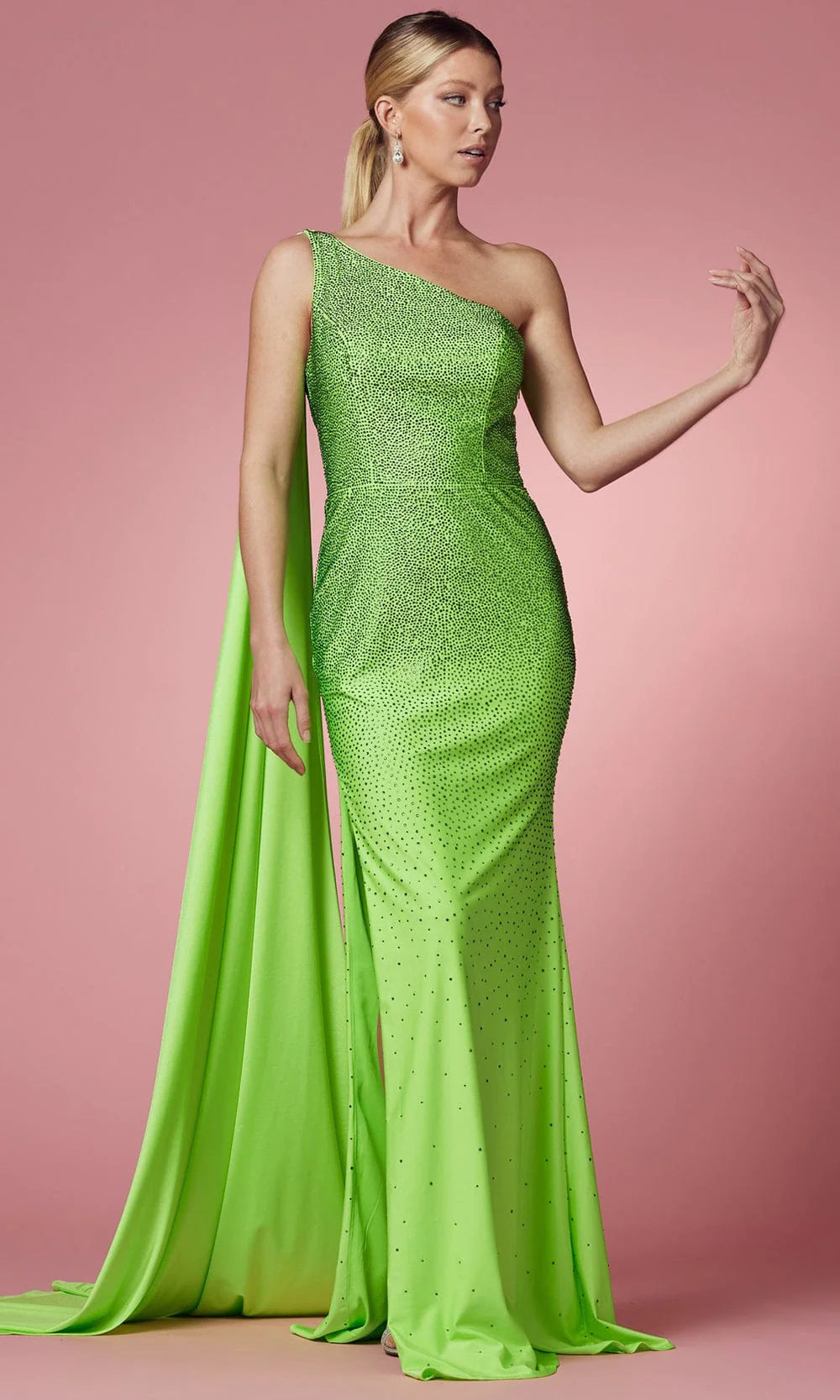 NOX ANABEL E1039 Fitted Cascade Paneled Evening Dress Boat Neckline Classic