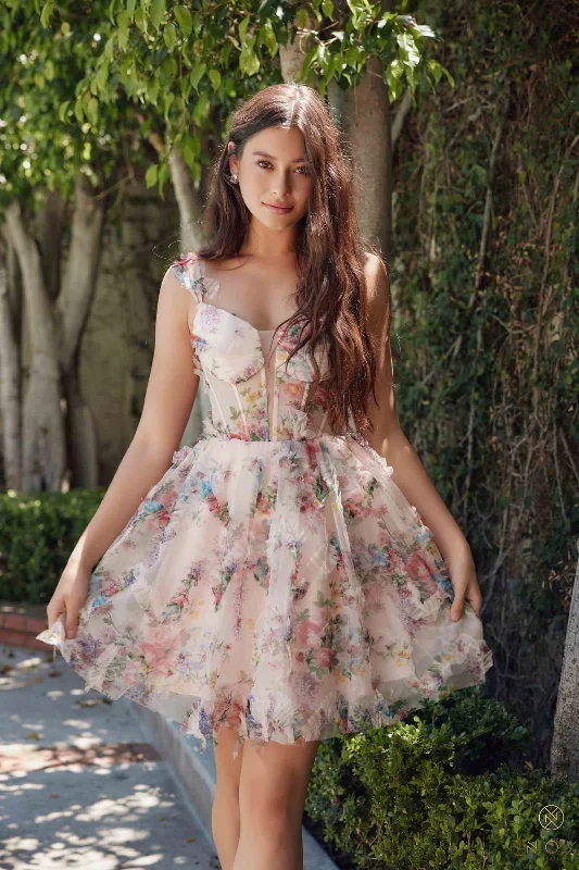 Nox Anabel S849 Dress Floral Print A-Line Party Dress Glittery Long Formal