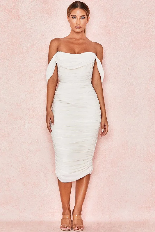 Off Shoulder Ruched Bodycon Cocktail Party Dress - White Tunics Stylish modern