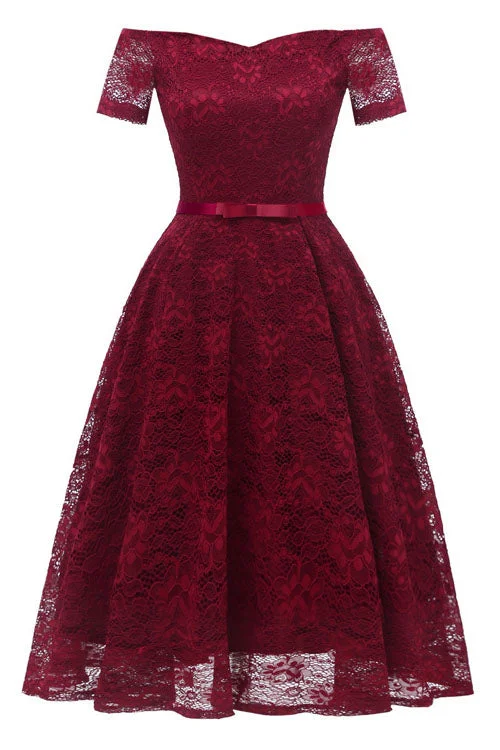 Off the Shoulder Lace Burgundy Short Prom Party Dress Tunics Top rated