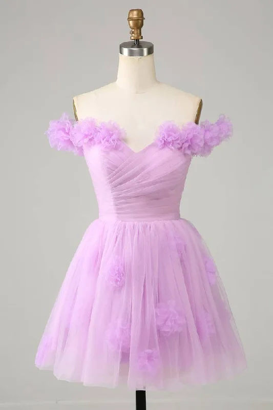Off the Shoulder Lilac 3D Floral Short Party Dress Tunics Polka dots