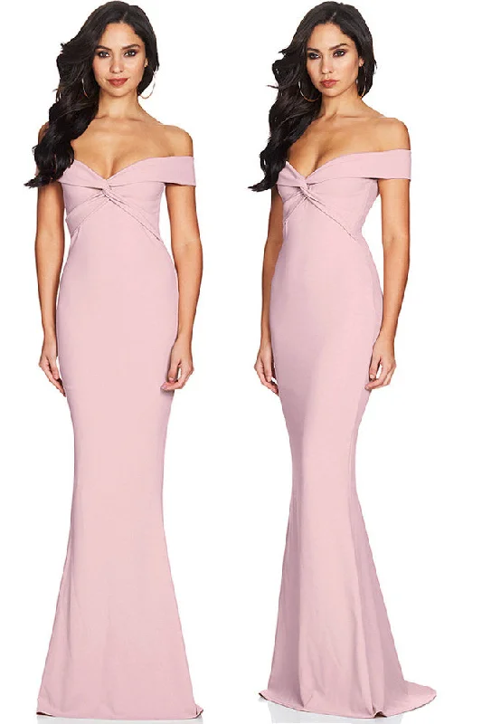 Off the Shoulder Mermaid Long Pink Party Dress Pleated Skirt Elegant