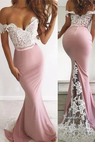 Off the Shoulder Pink Mermaid Evening Dress White Lace Appliques Tunics Luxurious premium