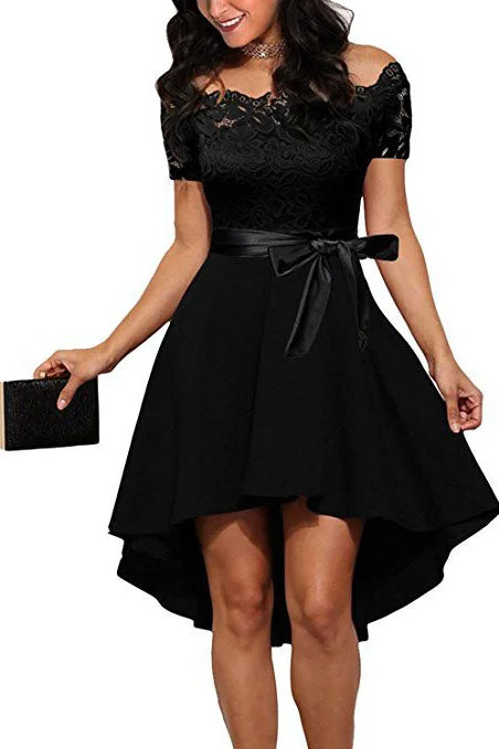 Off the Shoulder Ribbon Hi-Low Black Party Dress with Lace Tunics Office stylish